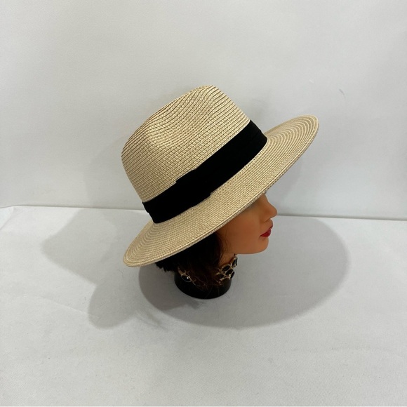 Sunhat Fedora Style Hat With Black Band Packable Tan Cream - Picture 3 of 9
